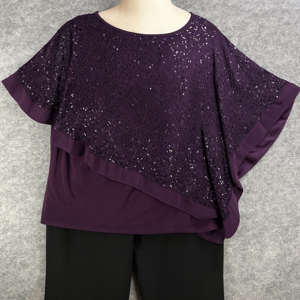 R&M Richards Womens 14W Sequin Asymmetrical Top Purple Party Holiday elegant